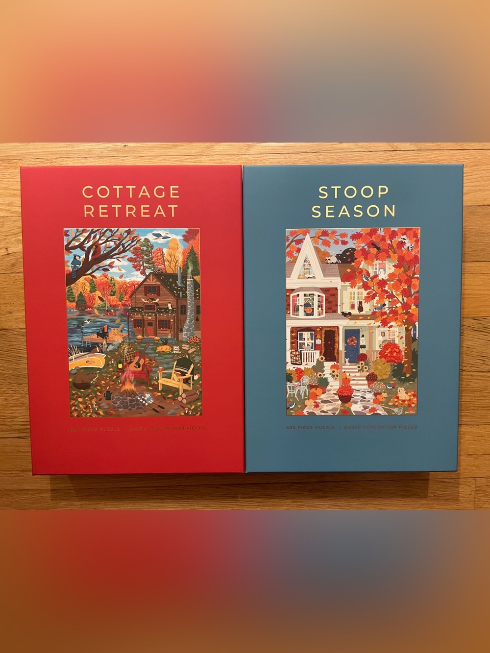 Hobbry Autumn Cottage Retreat & Stoop Season Puzzle Box Set - Red and Blue